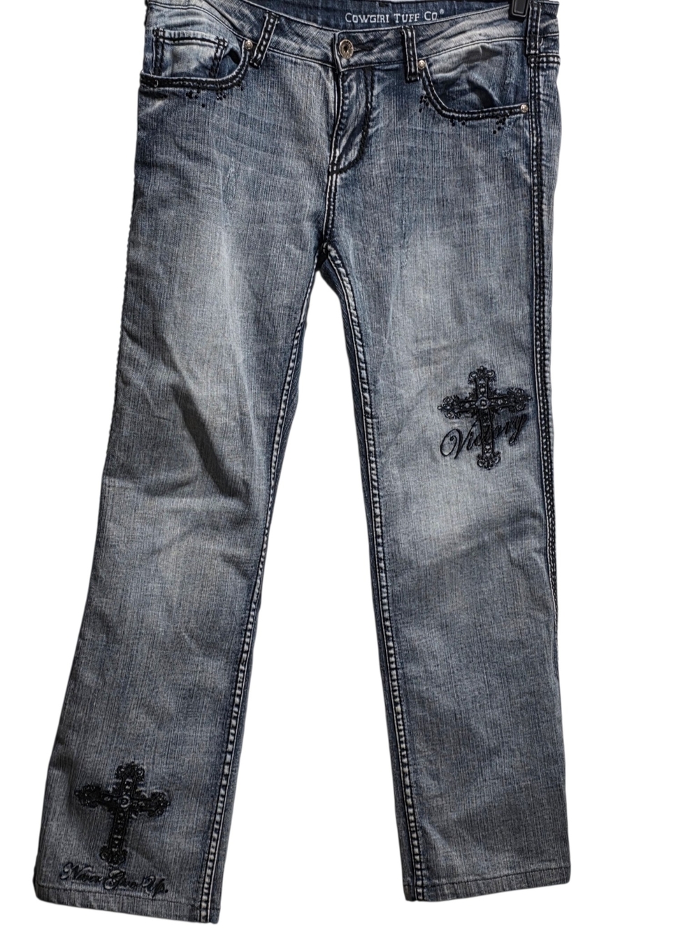 Cowgirl Tuff Cross Embellished Bootcut Jeans W34  Western Rhinestone Y2K Denim